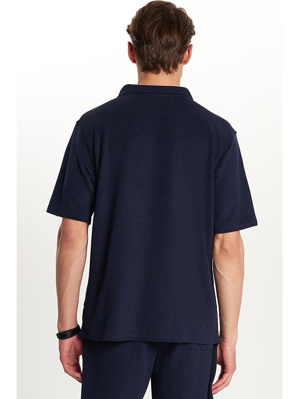 Erkek Standart Fit Pamuklu Fermuarlı Polo Yaka Tişört Beli Bağcıklı Lacivert Şort Takım-6