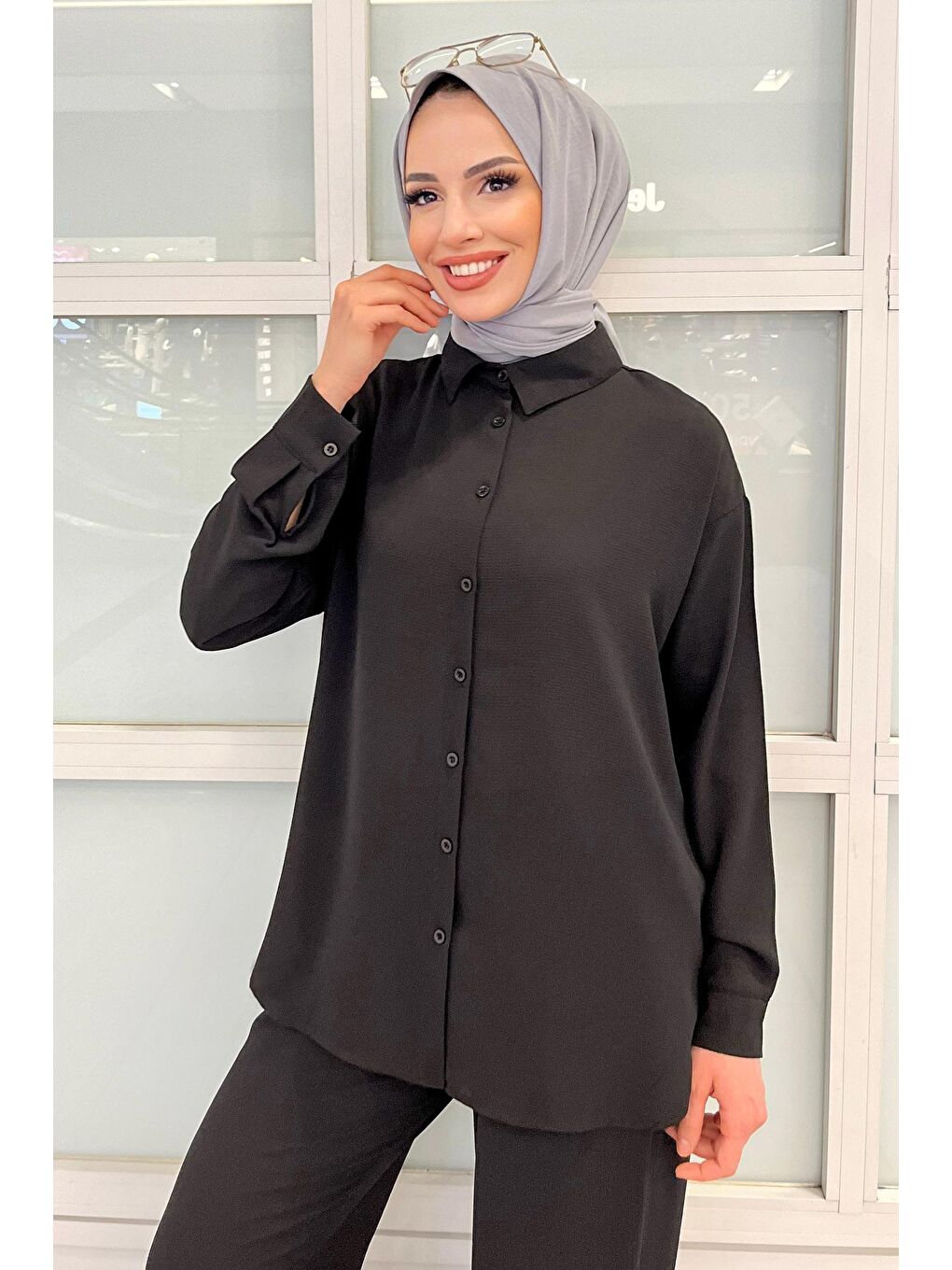 Gömlek Yaka Kadın Siyah Tunik+Pantolon - 11339-2