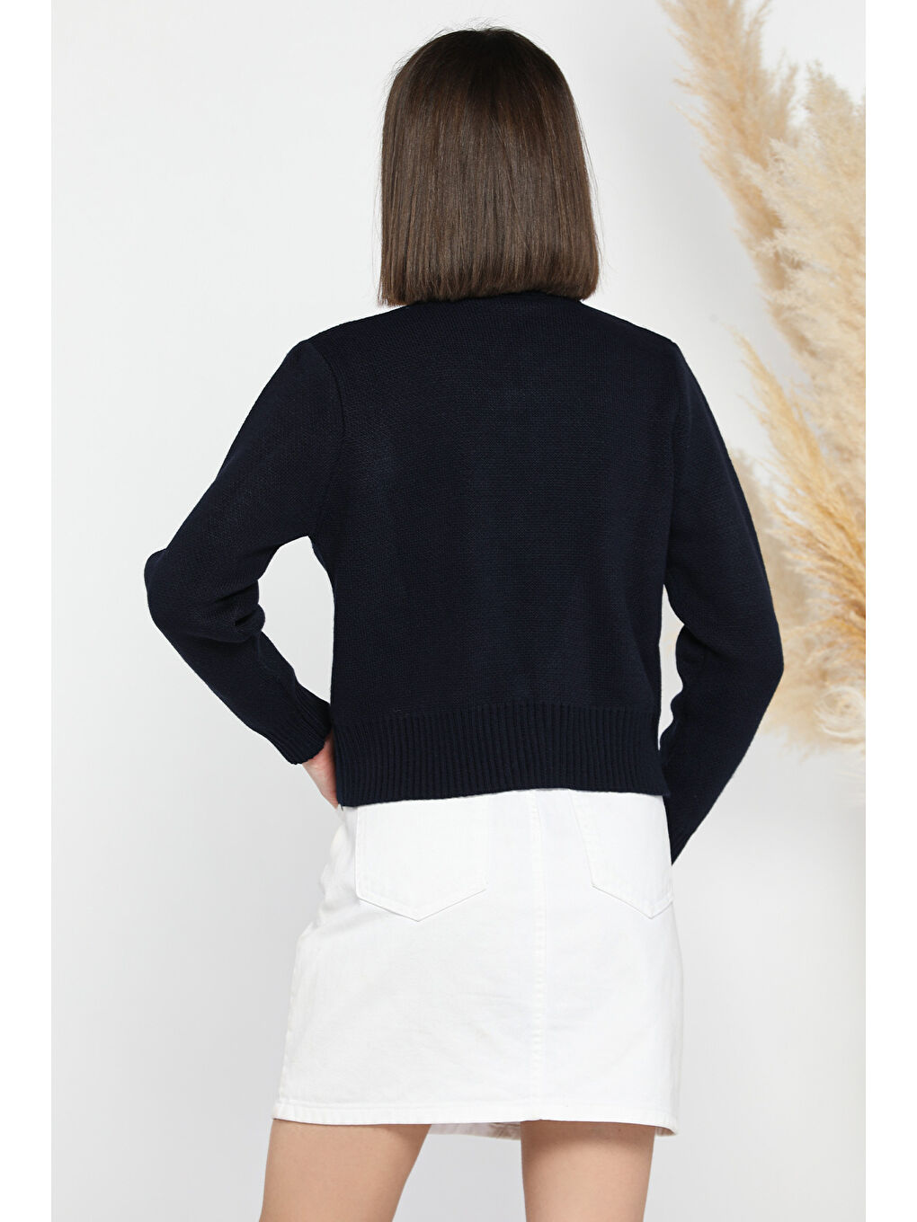 Lacivert Kadın Ön Bağlamalı Triko Ceket-3