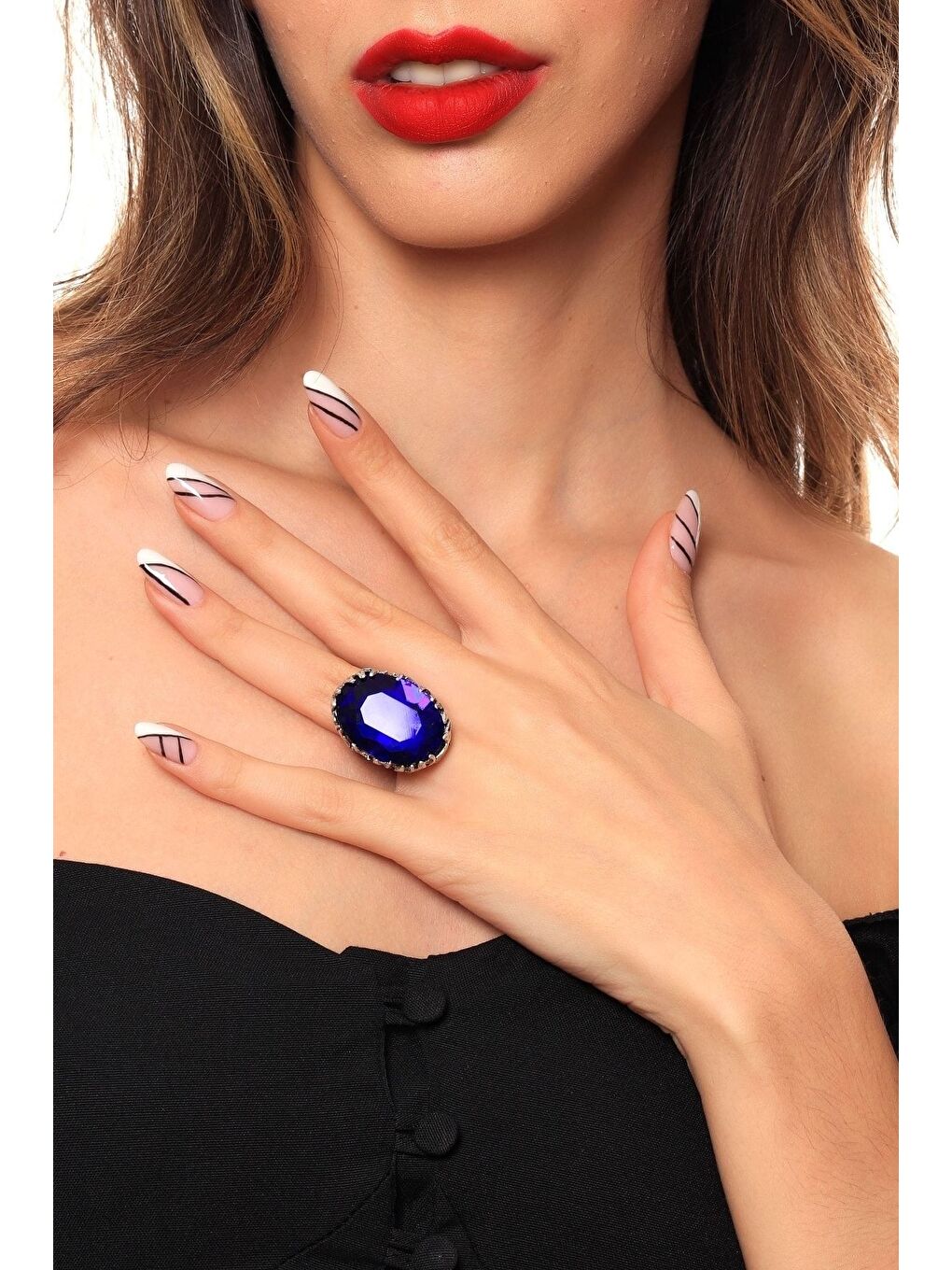 Mavi Kadın Antik Gümüş Kaplama Kristal Kesme Taş Detaylı Ayarlanabilir Tasarım Yüzük-3