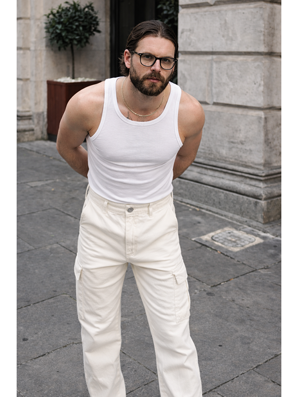 Erkek Günlük Kargo Cep Beyaz Baggy Pantolon-2