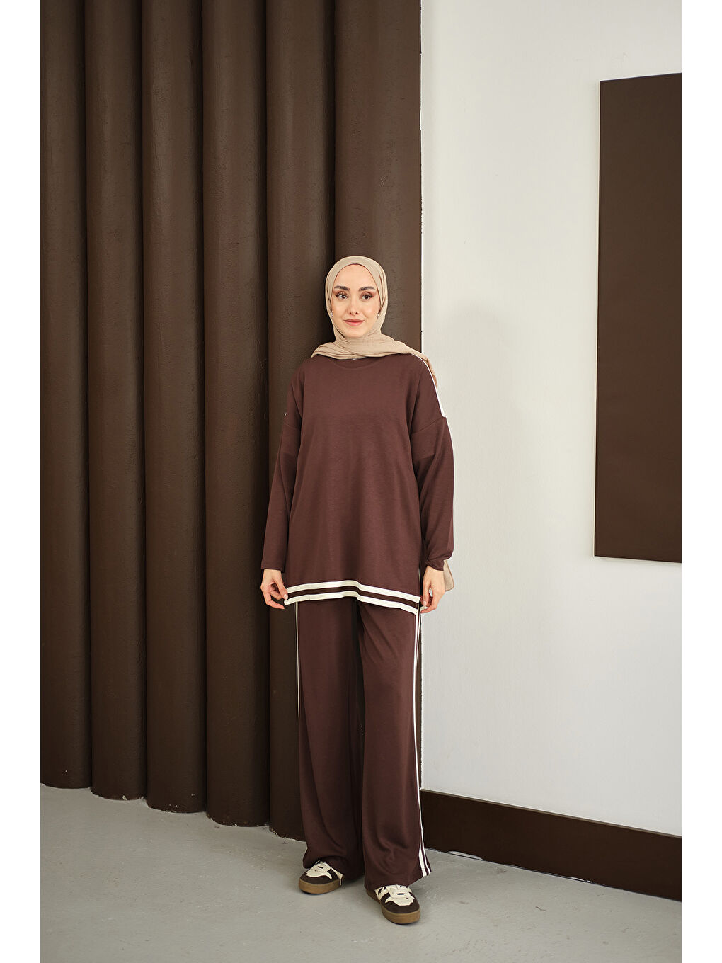 Kadın Şeritli İkili Takım Kahverengi-3