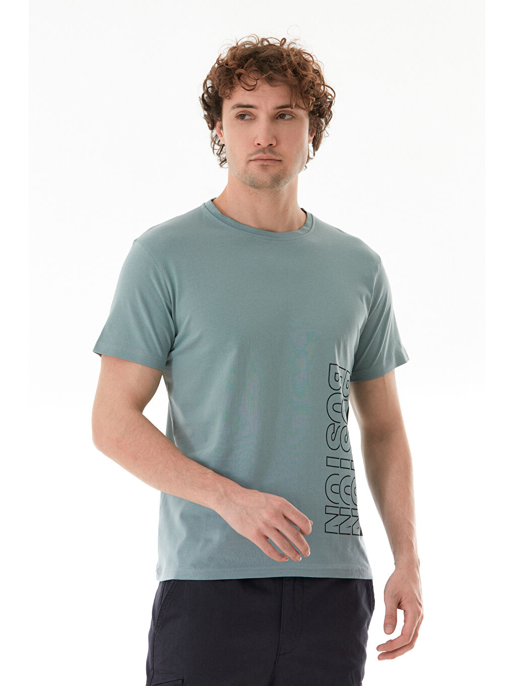 Yeşil Boston Yazı Baskılı Bisiklet Yaka Tişört-2