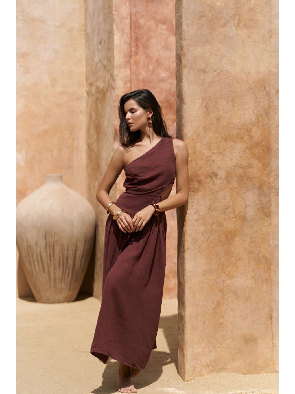 Mharia Asimetrik Detay Bordo Uzun Keten Elbise