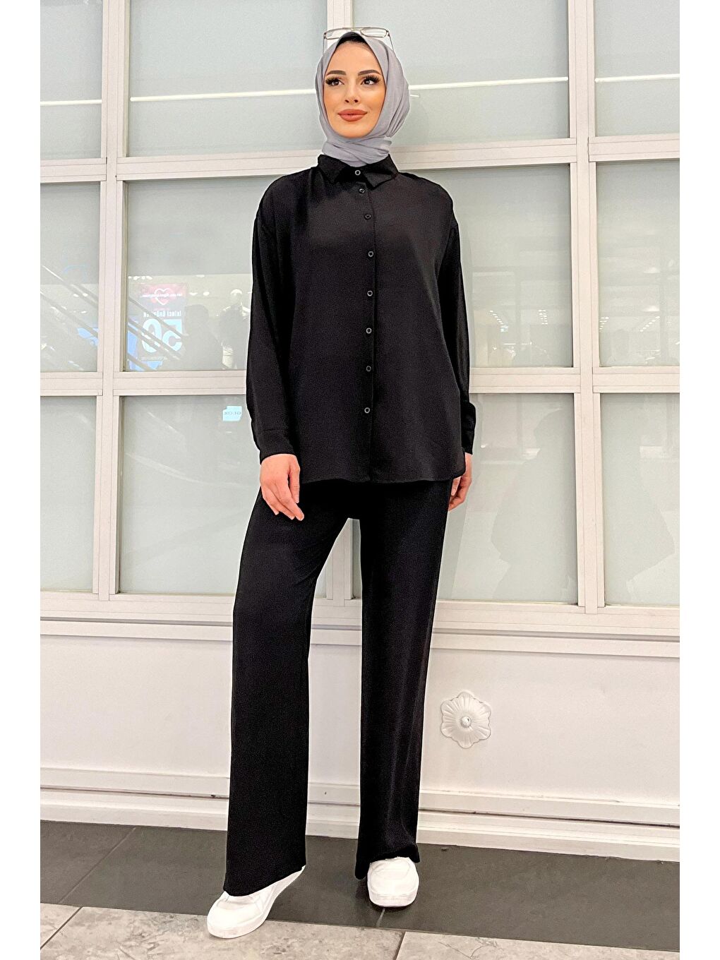Gömlek Yaka Kadın Siyah Tunik+Pantolon - 11339-3