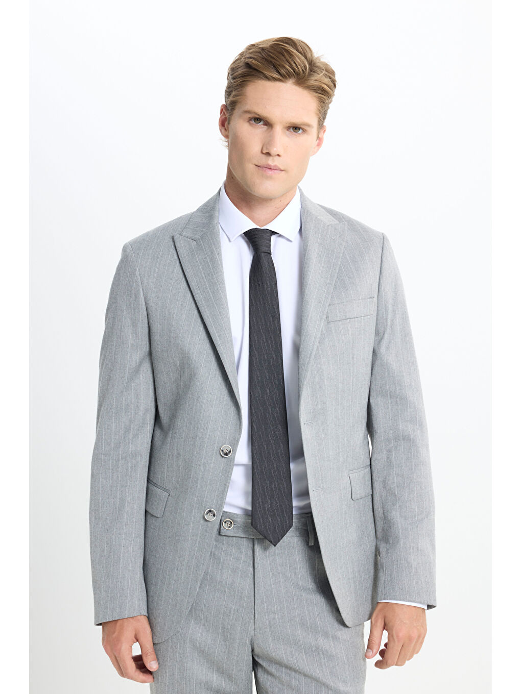 Erkek Gri Slim Fit Dar Kesim Kırlangıç Yaka Çizgili Kapak Cepli Esnek Takım Elbise