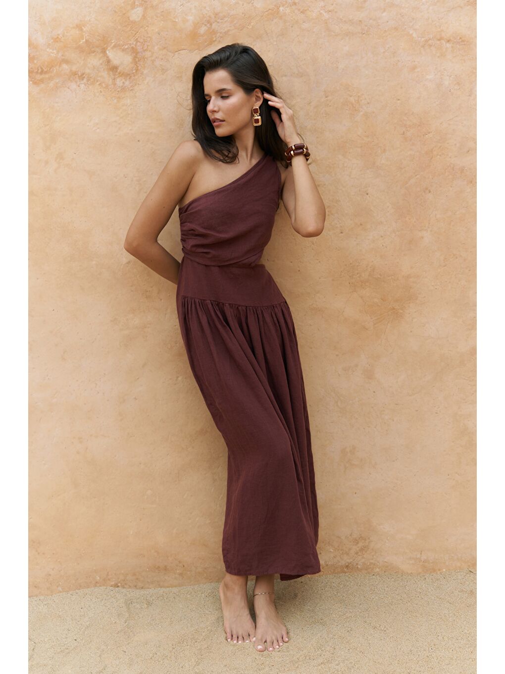 Mharia Asimetrik Detay Bordo Uzun Keten Elbise-1