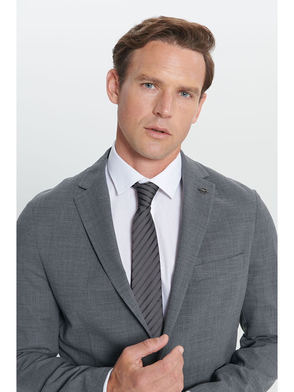 Erkek Gri Slim Fit Dar Kesim Mono Yaka Yünlü Takım Elbise-5