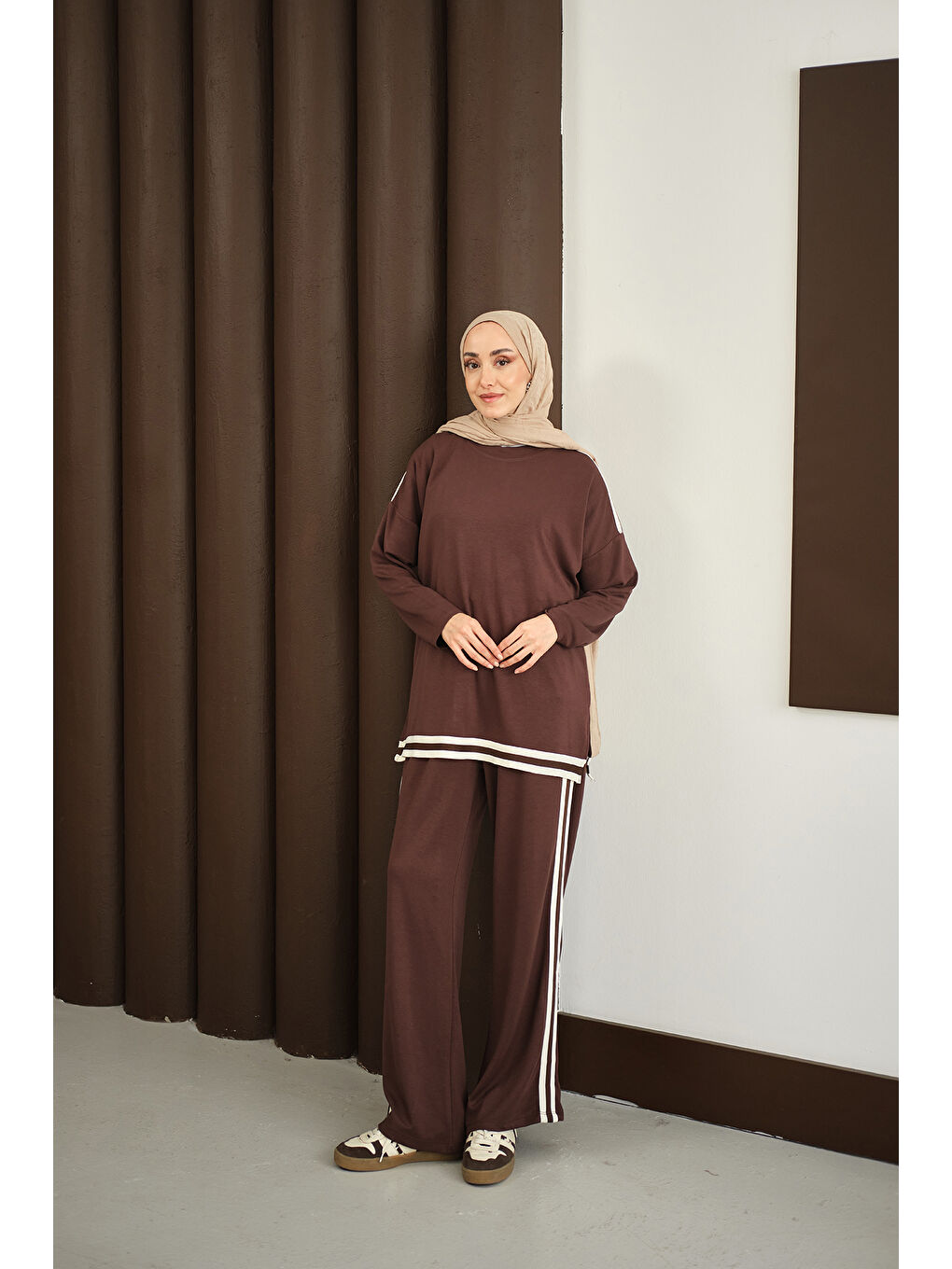 Kadın Şeritli İkili Takım Kahverengi-4