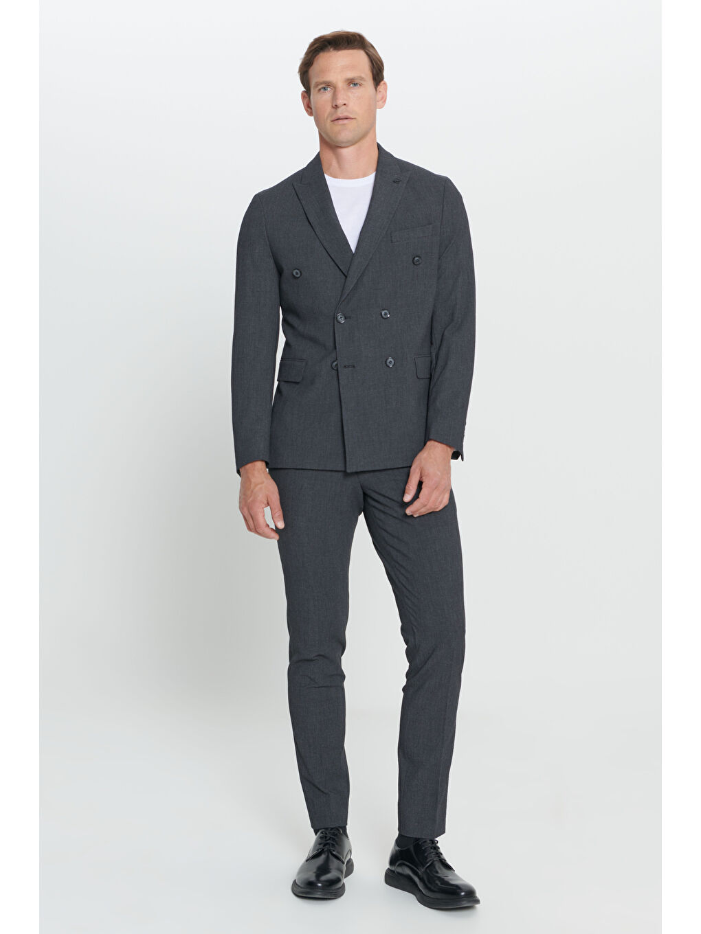 Erkek Antrasit Slim Fit Kırlangıç Yaka Gofre Desenli Kruvaze Takım Elbise-3