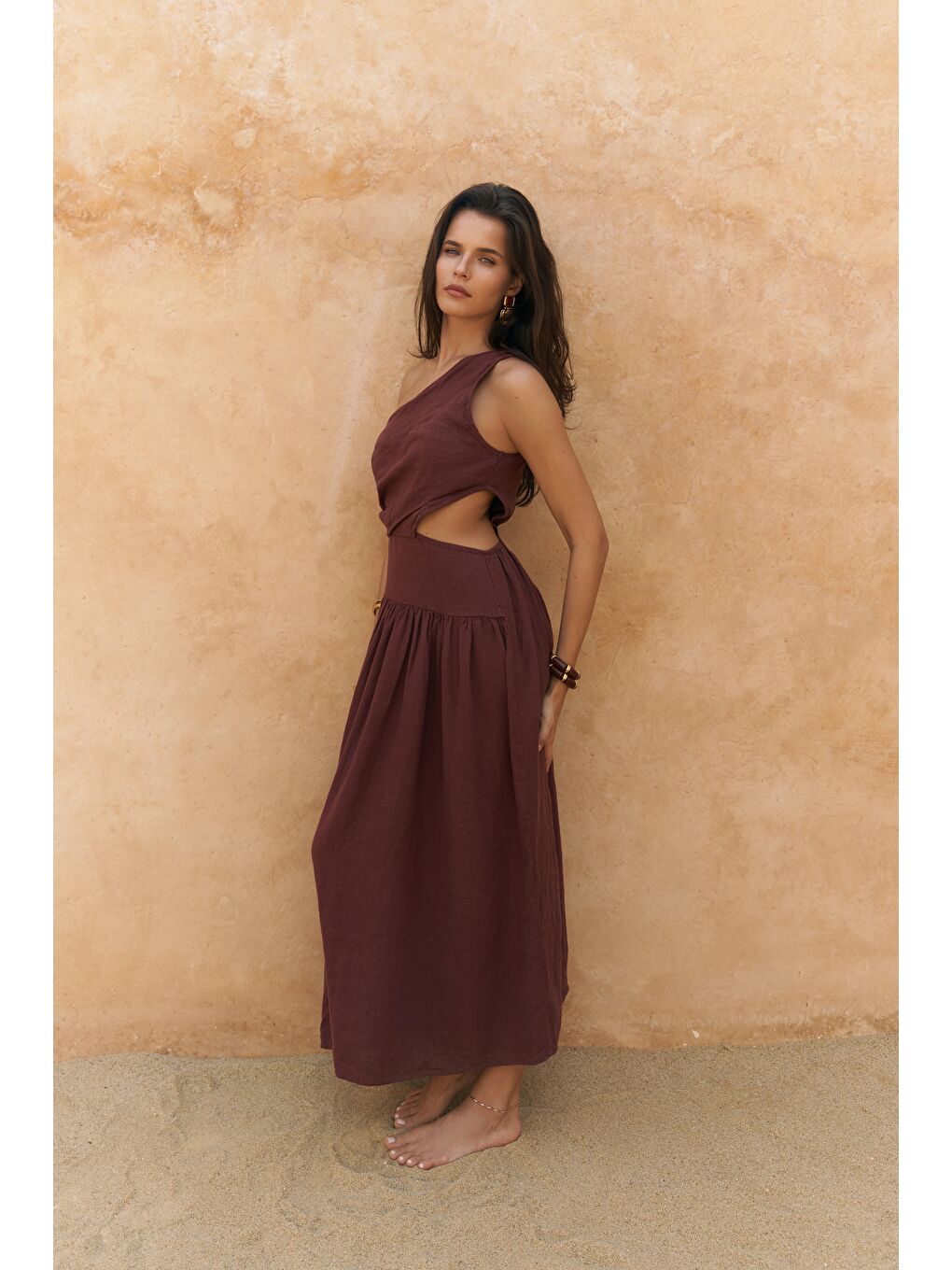 Mharia Asimetrik Detay Bordo Uzun Keten Elbise-2