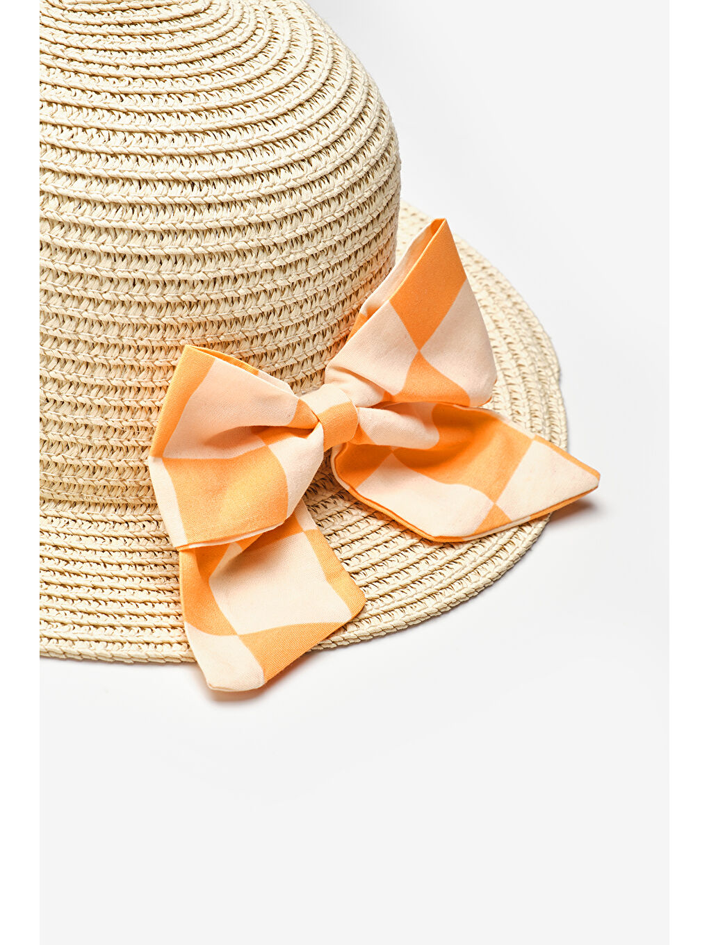 Turuncu Dama Fiyonklu Çocuk Hasır Şapka-1