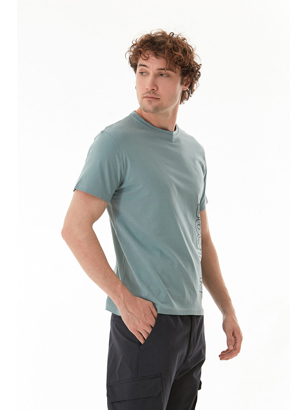 Yeşil Boston Yazı Baskılı Bisiklet Yaka Tişört-3