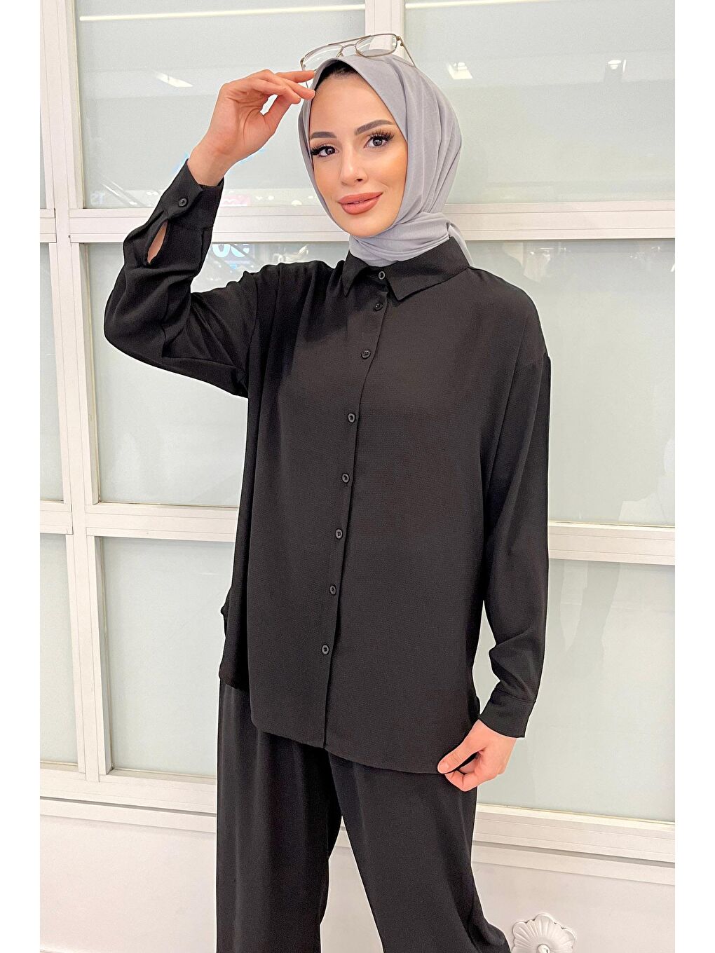 Gömlek Yaka Kadın Siyah Tunik+Pantolon - 11339-4