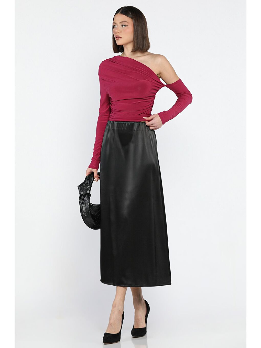 Siyah Kadın Bel Lastikli Saten Etek-1