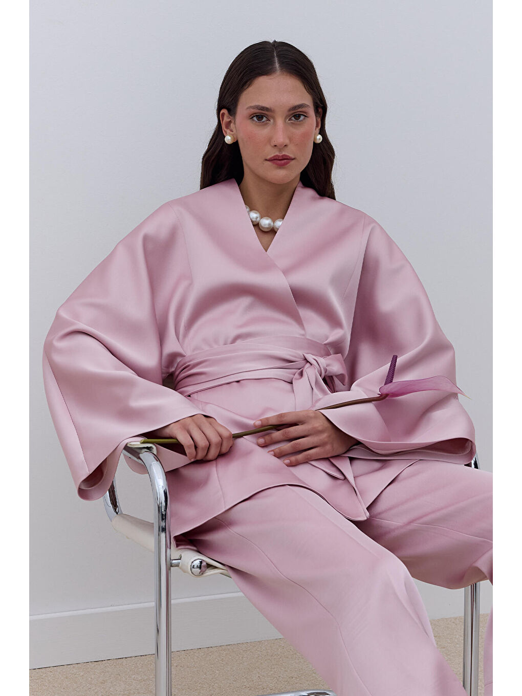 Pembe Saten Kemerli Kimono Pudra-2