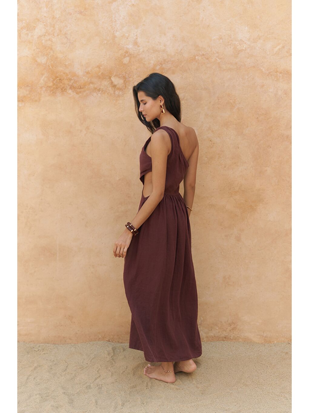 Mharia Asimetrik Detay Bordo Uzun Keten Elbise-3