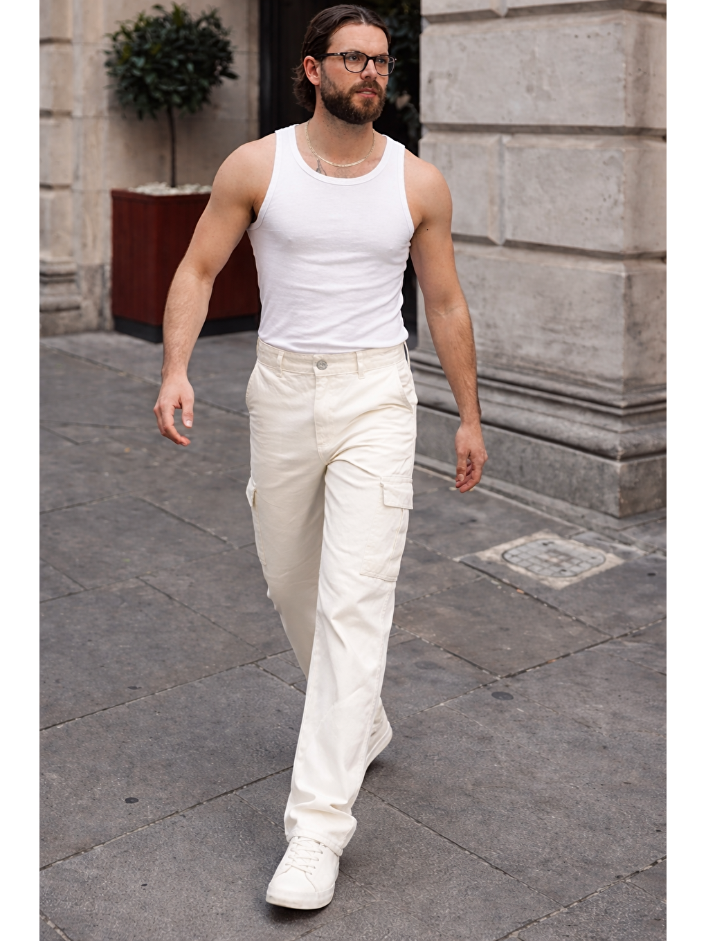 Erkek Günlük Kargo Cep Beyaz Baggy Pantolon-4
