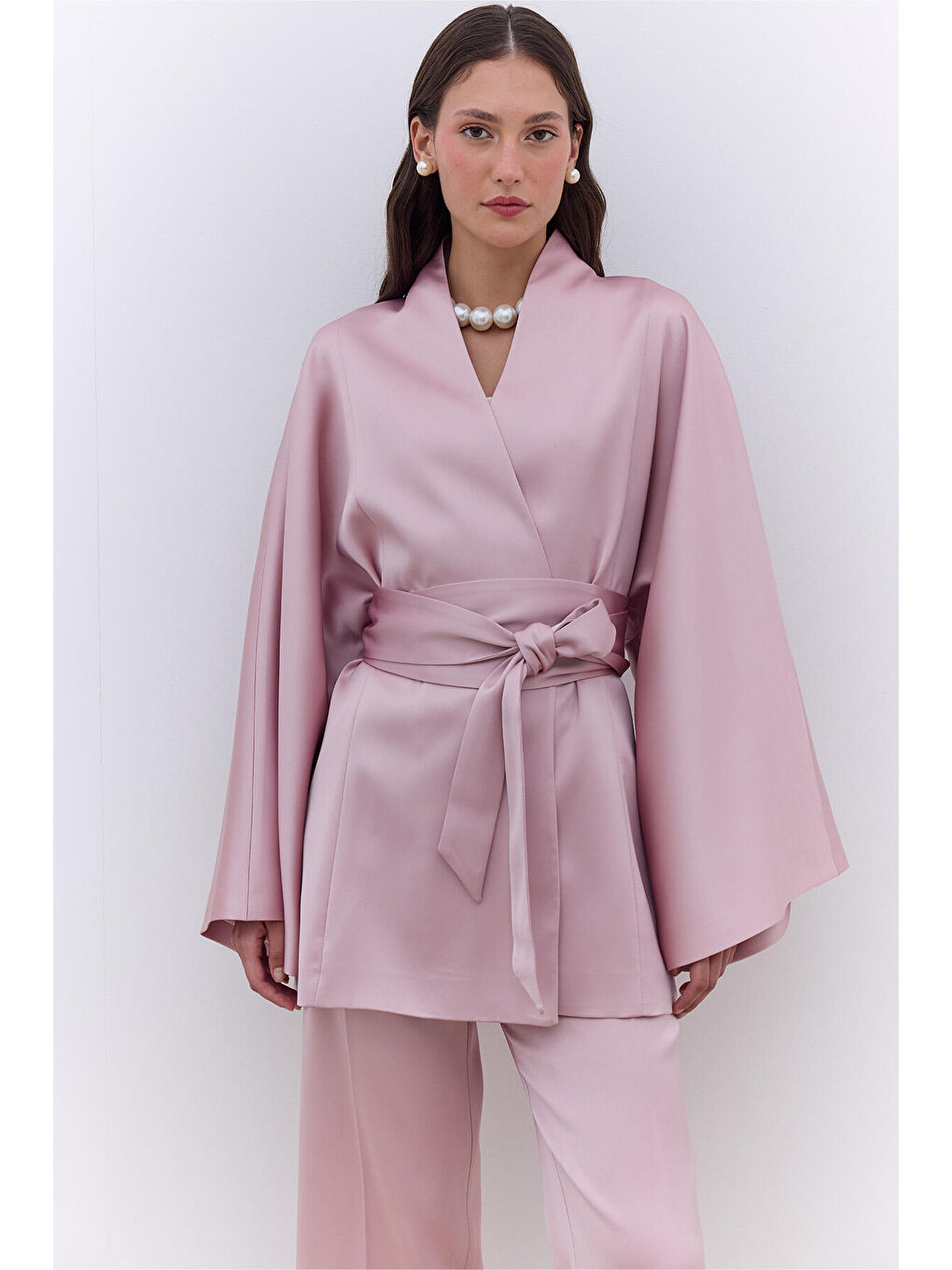 Pembe Saten Kemerli Kimono Pudra-3
