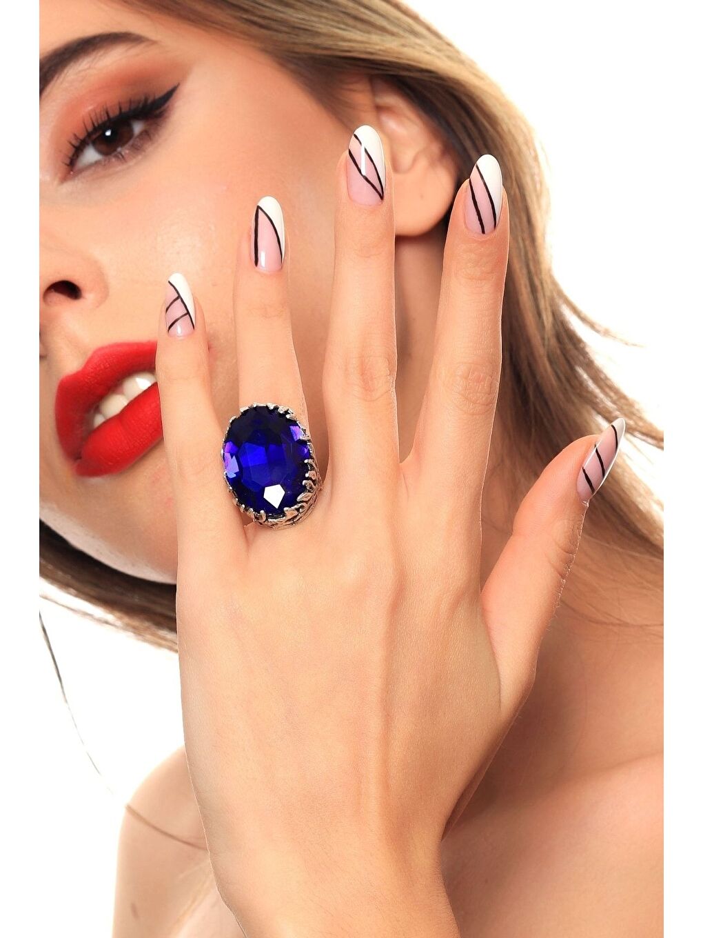 Mavi Kadın Antik Gümüş Kaplama Kristal Kesme Taş Detaylı Ayarlanabilir Tasarım Yüzük-2