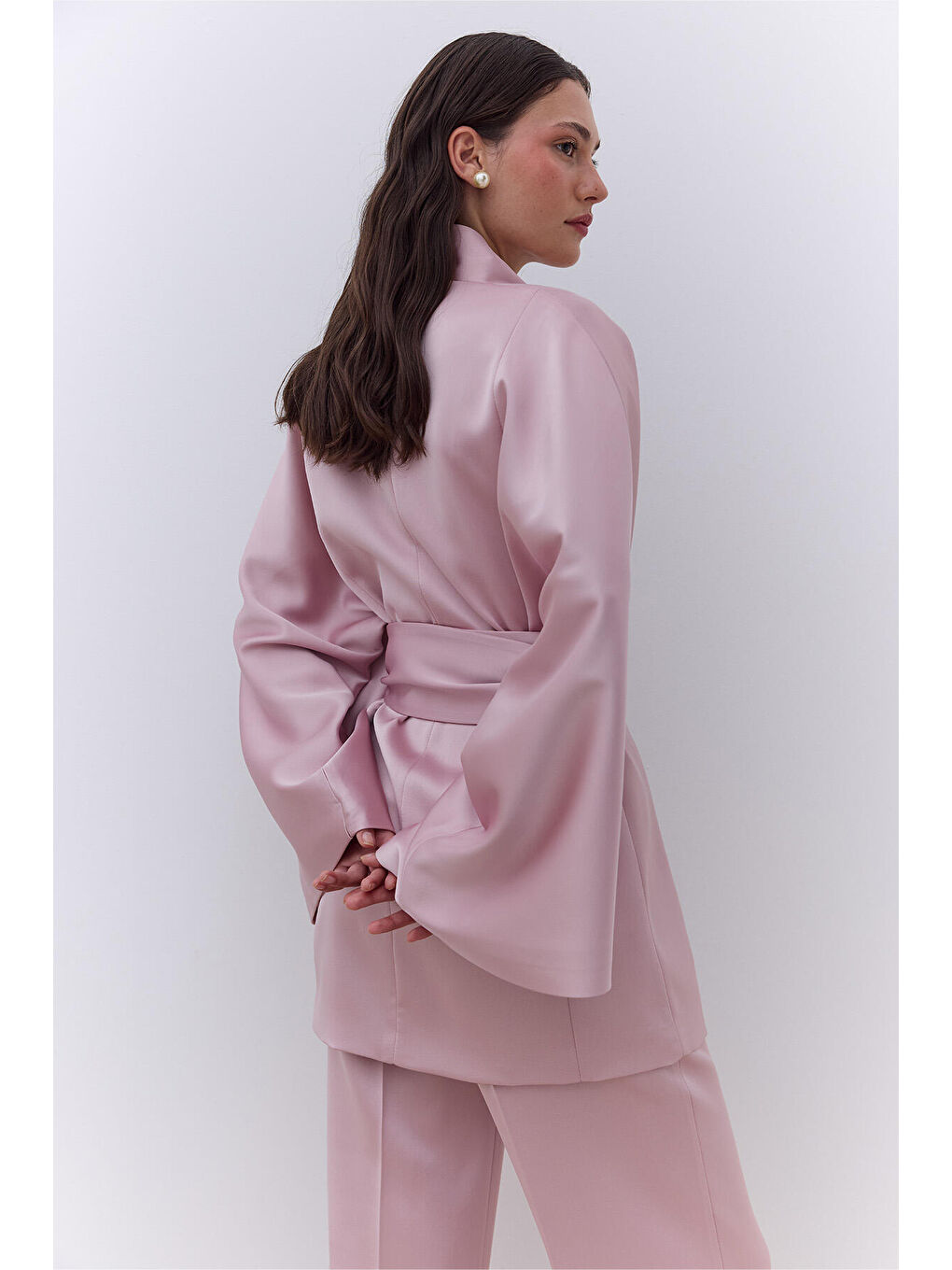 Pembe Saten Kemerli Kimono Pudra-4