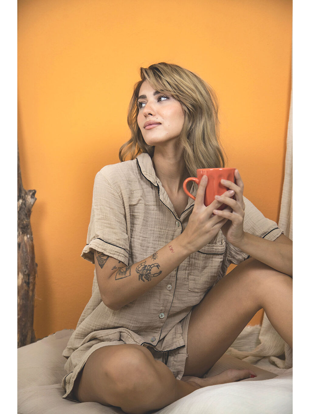 %100 Pamuk Müslin Kadın Şortlu Pijama & Ev Giyim Takımı – Bej-2