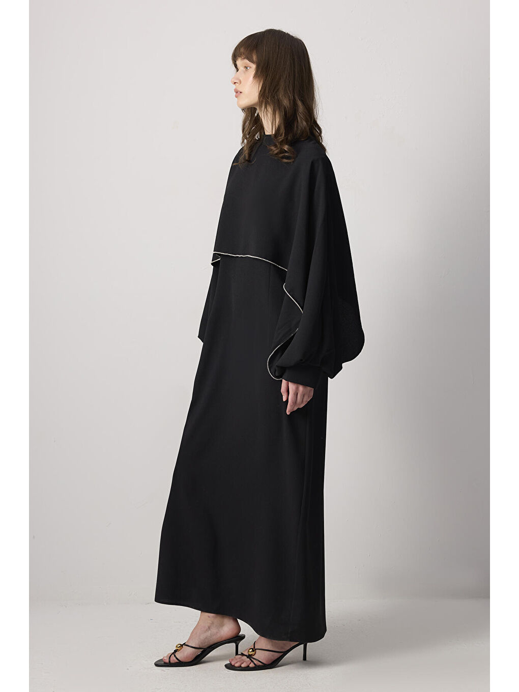 Siyah Taş İşlemeli Pelerin Elbise-1