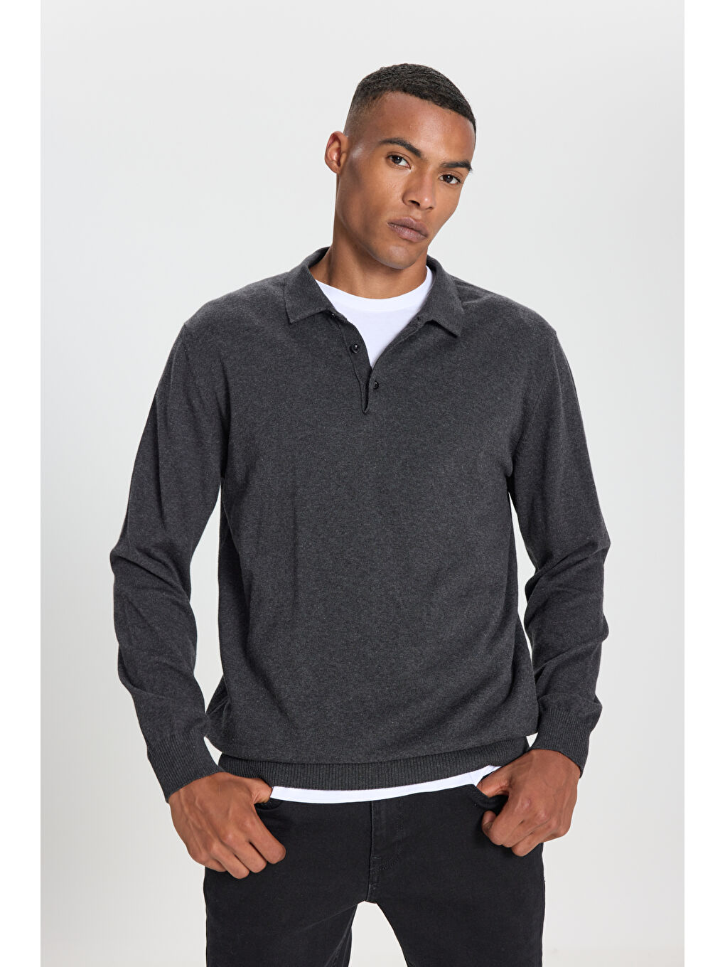 Erkek Antrasit-Melanj Pamuklu Standart Fit Normal Kesim Polo Yaka Triko Kazak