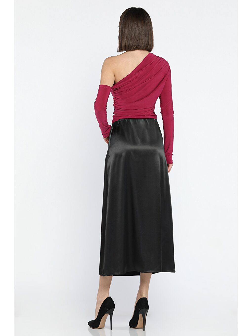 Siyah Kadın Bel Lastikli Saten Etek-2