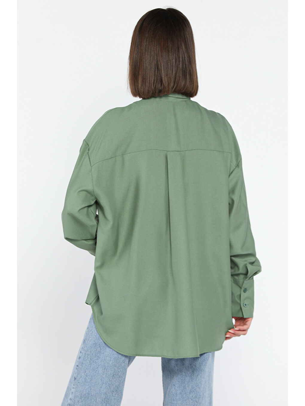 Haki Kadın Yaka Taş İşlemeli Kendinden Desenli Gömlek-1