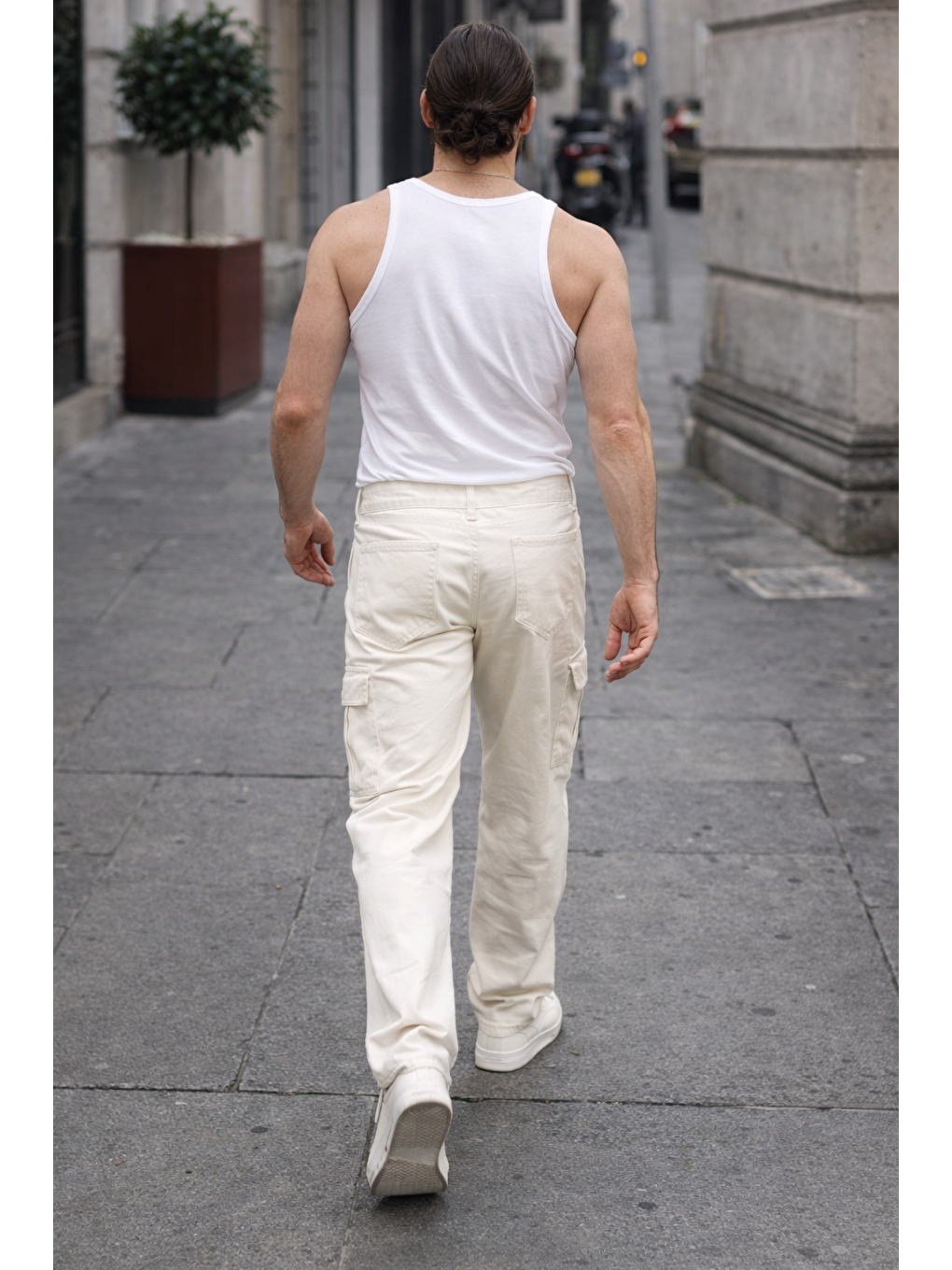 Erkek Günlük Kargo Cep Beyaz Baggy Pantolon-5