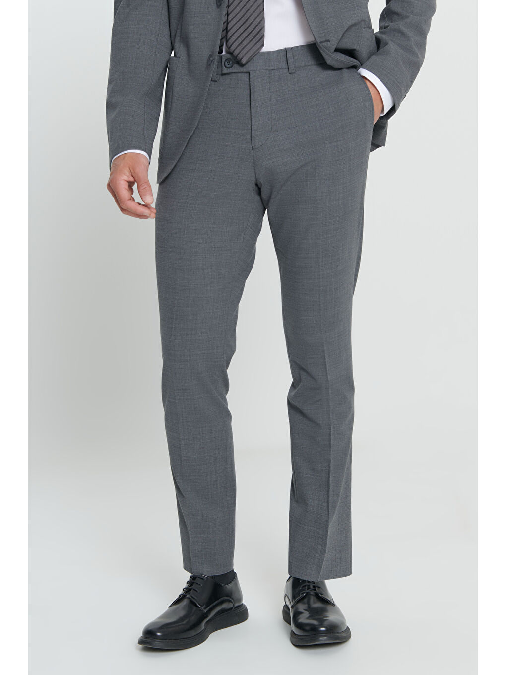 Erkek Gri Slim Fit Dar Kesim Mono Yaka Yünlü Takım Elbise-6