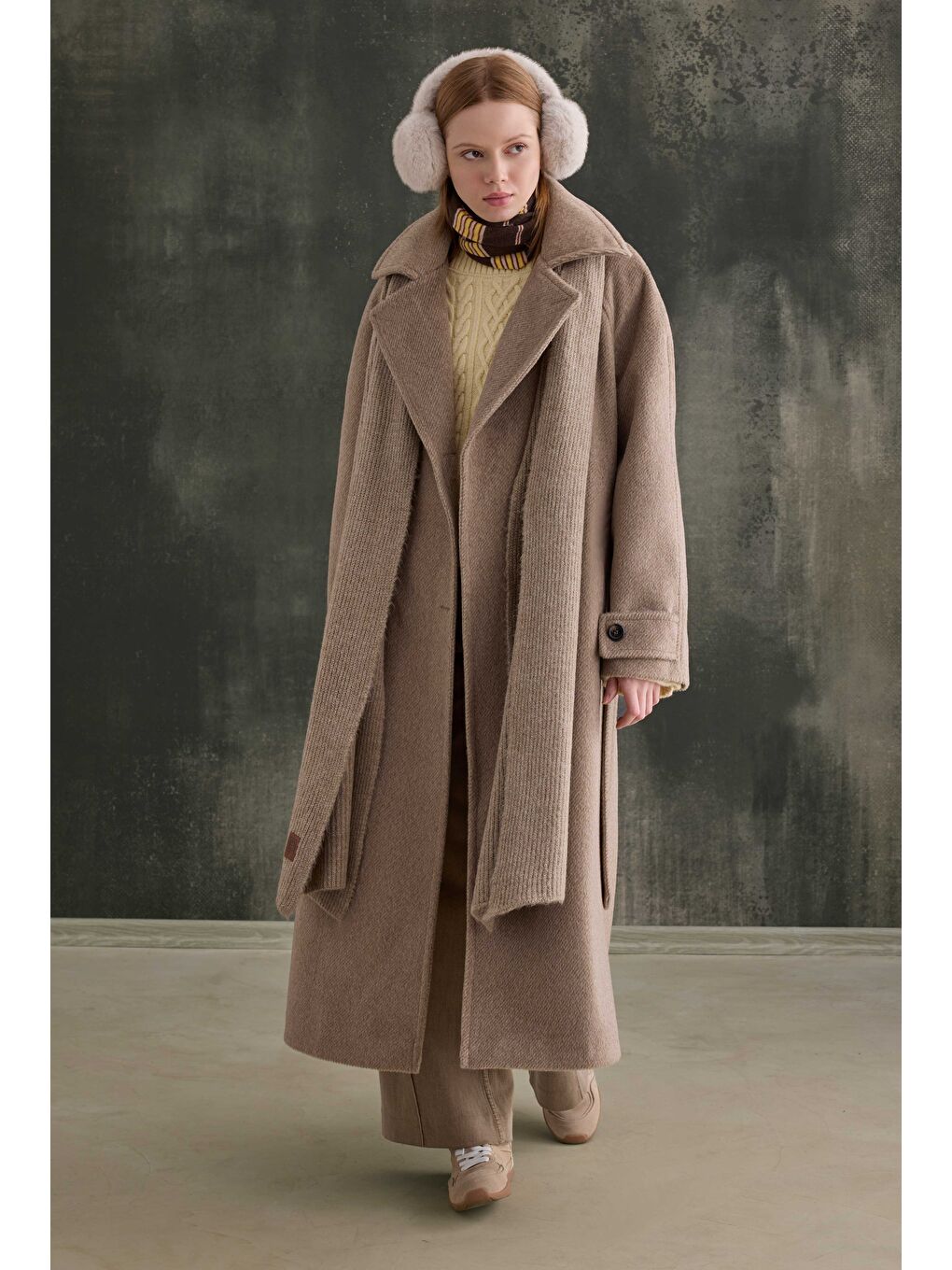 Bej Kuşaklı Uzun Kaban Koyu Vizon-1