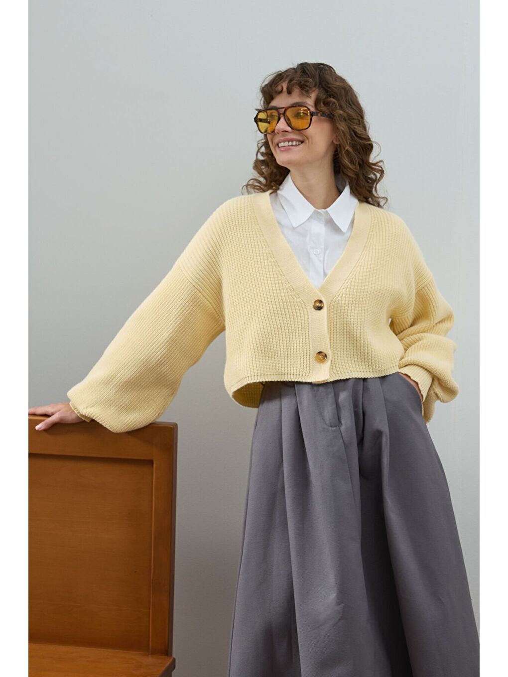 Tereyağ Sarısı Balon Kol Triko Hırka-1