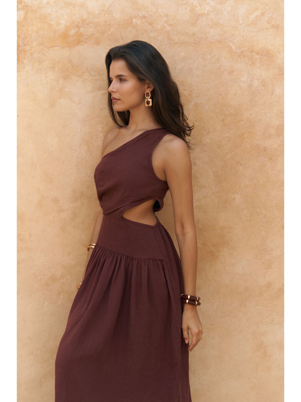 Mharia Asimetrik Detay Bordo Uzun Keten Elbise-5