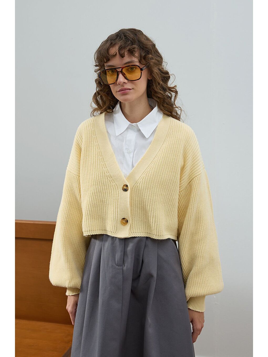 Tereyağ Sarısı Balon Kol Triko Hırka-2