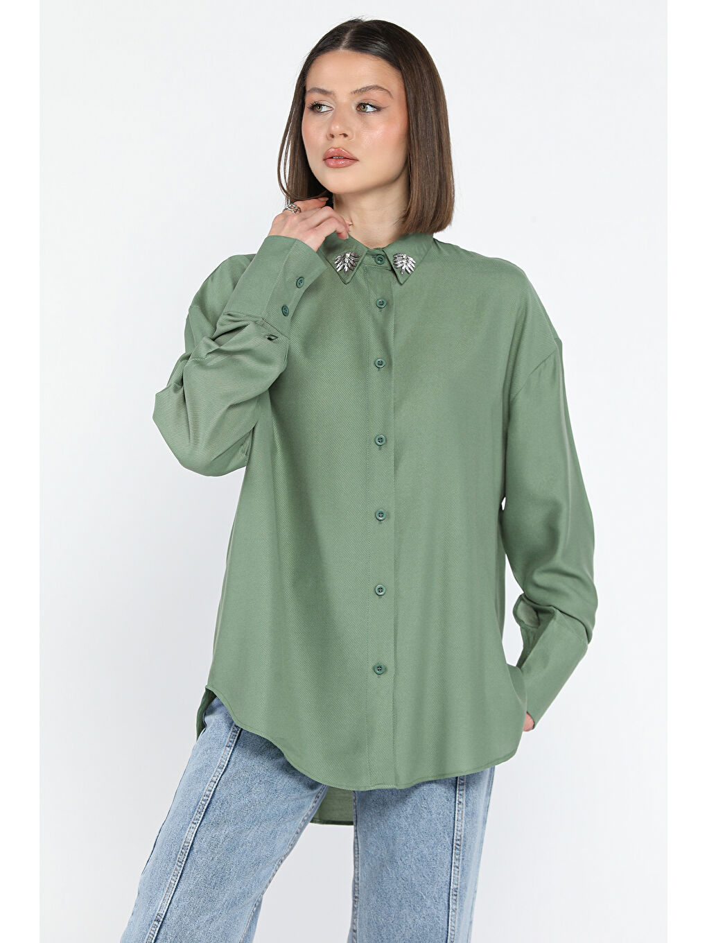 Haki Kadın Yaka Taş İşlemeli Kendinden Desenli Gömlek-2