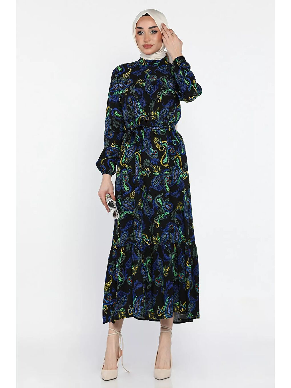 Siyah Etnik Desen Bel Kuşaklı Tesettür Viskon Elbise-2