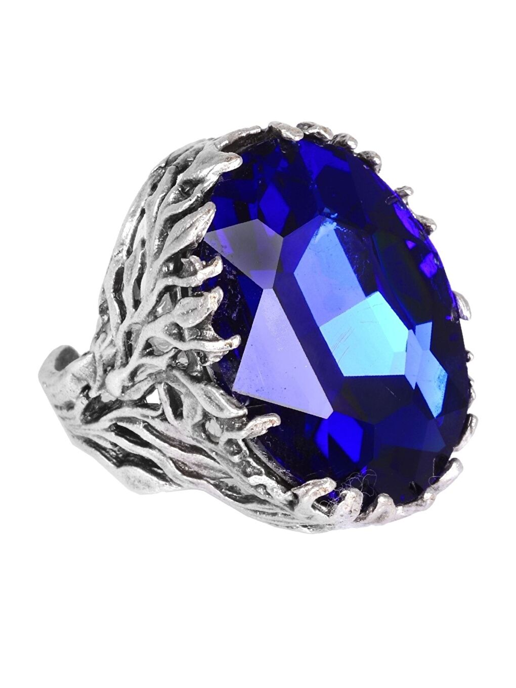 Mavi Kadın Antik Gümüş Kaplama Kristal Kesme Taş Detaylı Ayarlanabilir Tasarım Yüzük-1