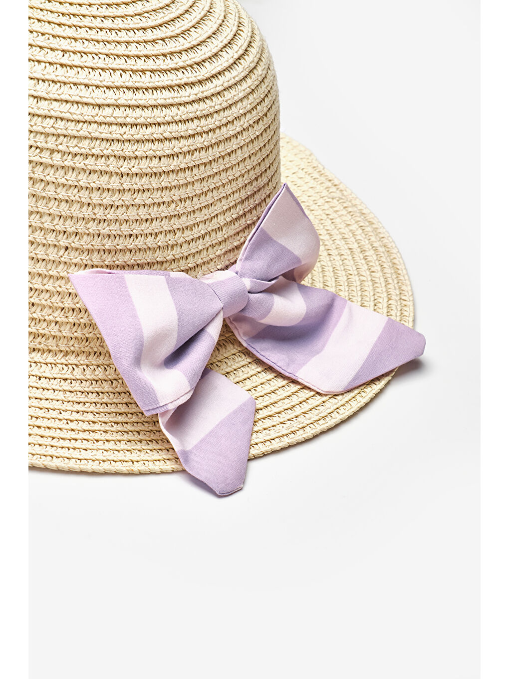 Lila Çizgili Fiyonklu Çocuk Hasır Şapka-1