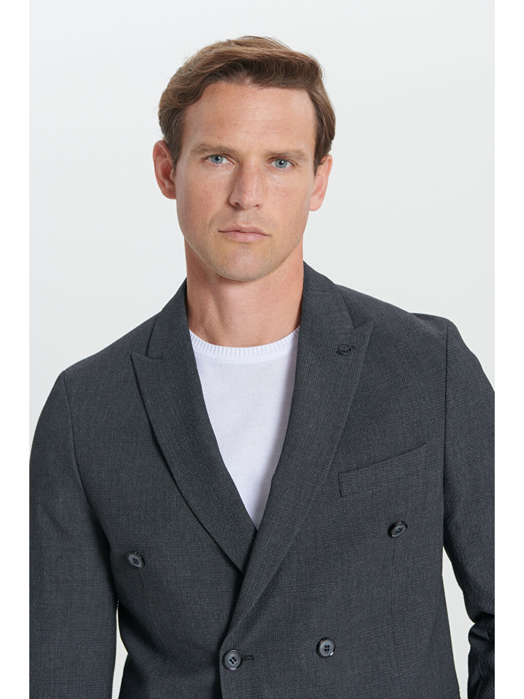 Erkek Antrasit Slim Fit Kırlangıç Yaka Gofre Desenli Kruvaze Takım Elbise-4