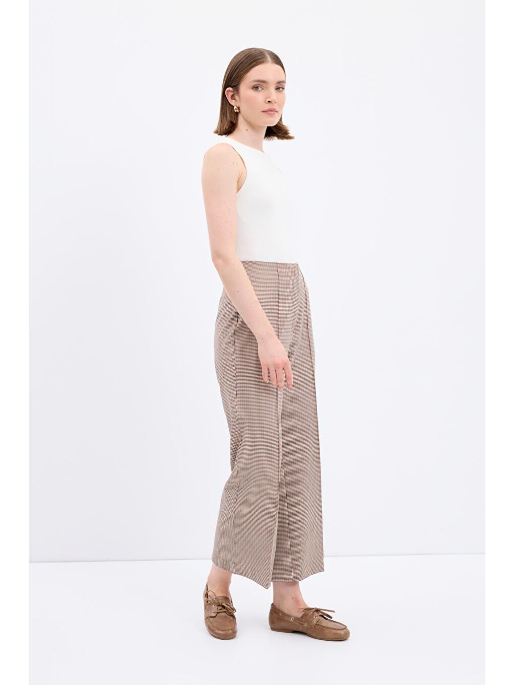 Yüksek Bel Fit Kesim Ekose Desenli Pantolon Kırmızı-1