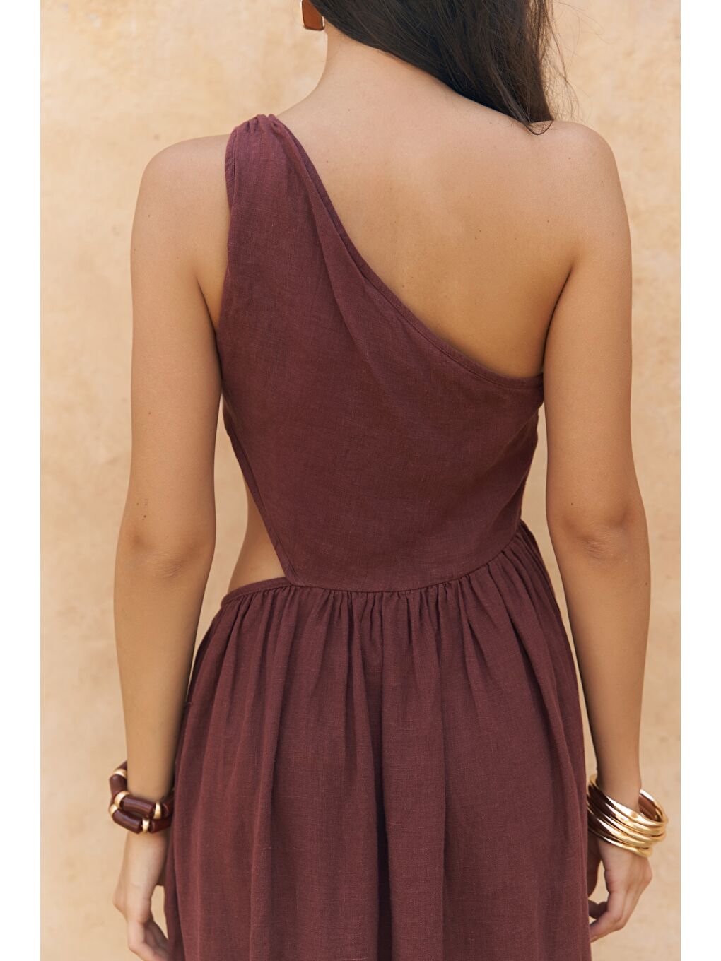 Mharia Asimetrik Detay Bordo Uzun Keten Elbise-6