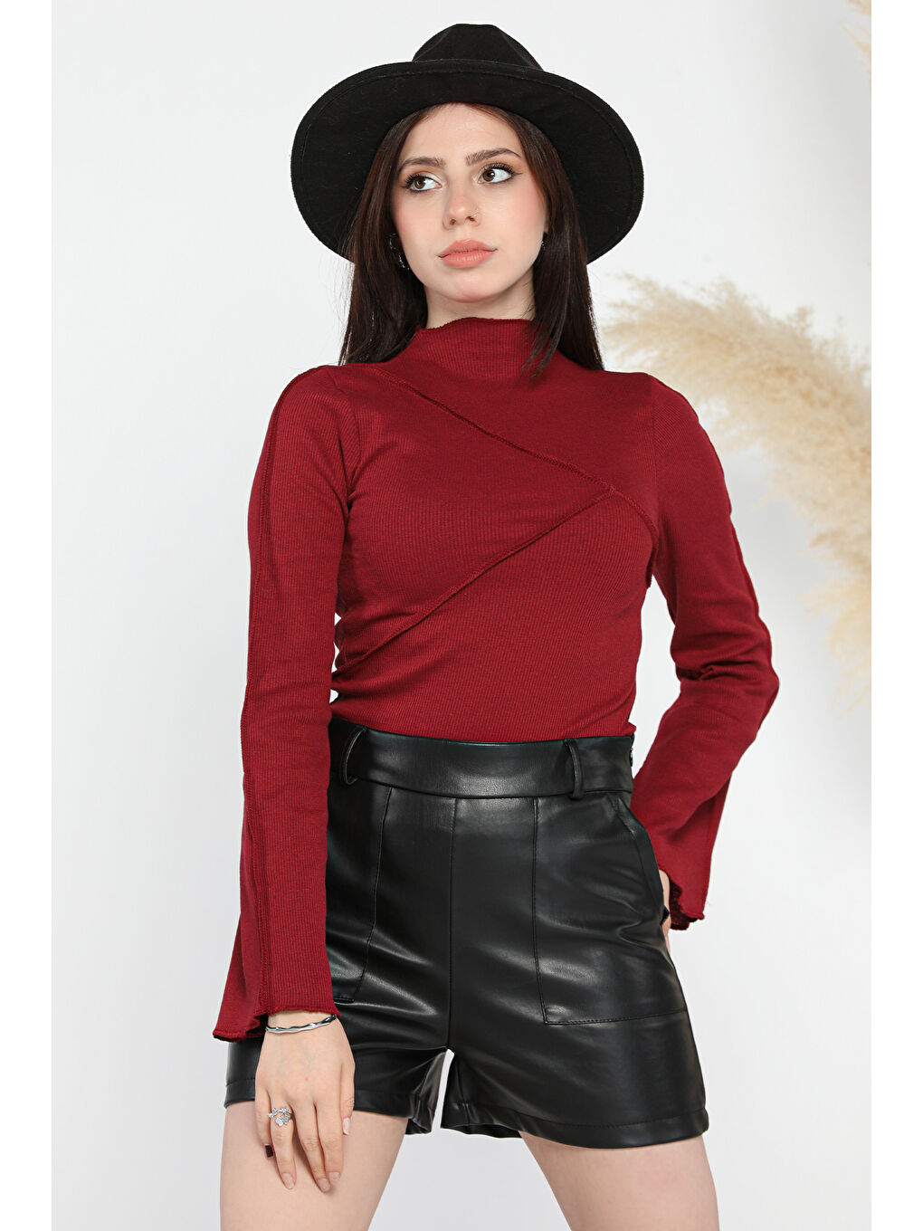 Bordo Dik Yaka Fitilli Kadın Crop Top Bluz