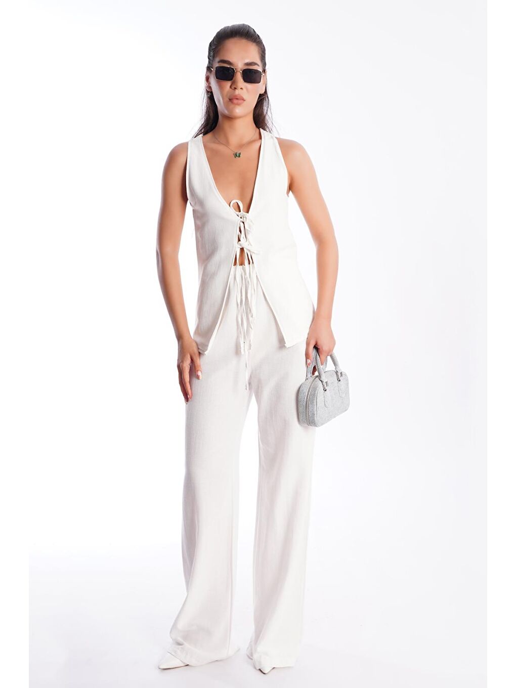 Ekru Önü Bağlamalı Yelek Pantolon Kadın Takım Mg2403-3