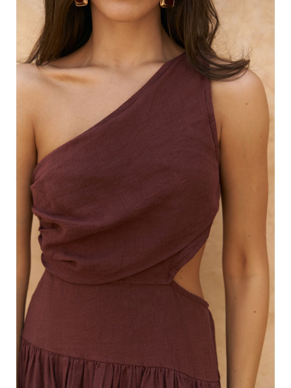 Mharia Asimetrik Detay Bordo Uzun Keten Elbise-7