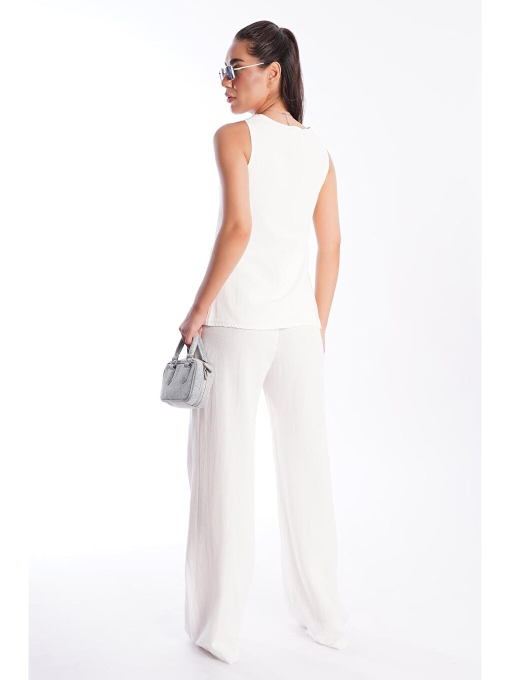 Ekru Önü Bağlamalı Yelek Pantolon Kadın Takım Mg2403-4