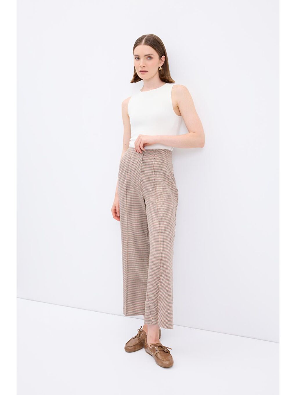 Yüksek Bel Fit Kesim Ekose Desenli Pantolon Kırmızı-2