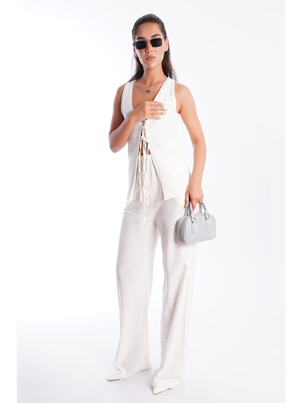 Ekru Önü Bağlamalı Yelek Pantolon Kadın Takım Mg2403-6