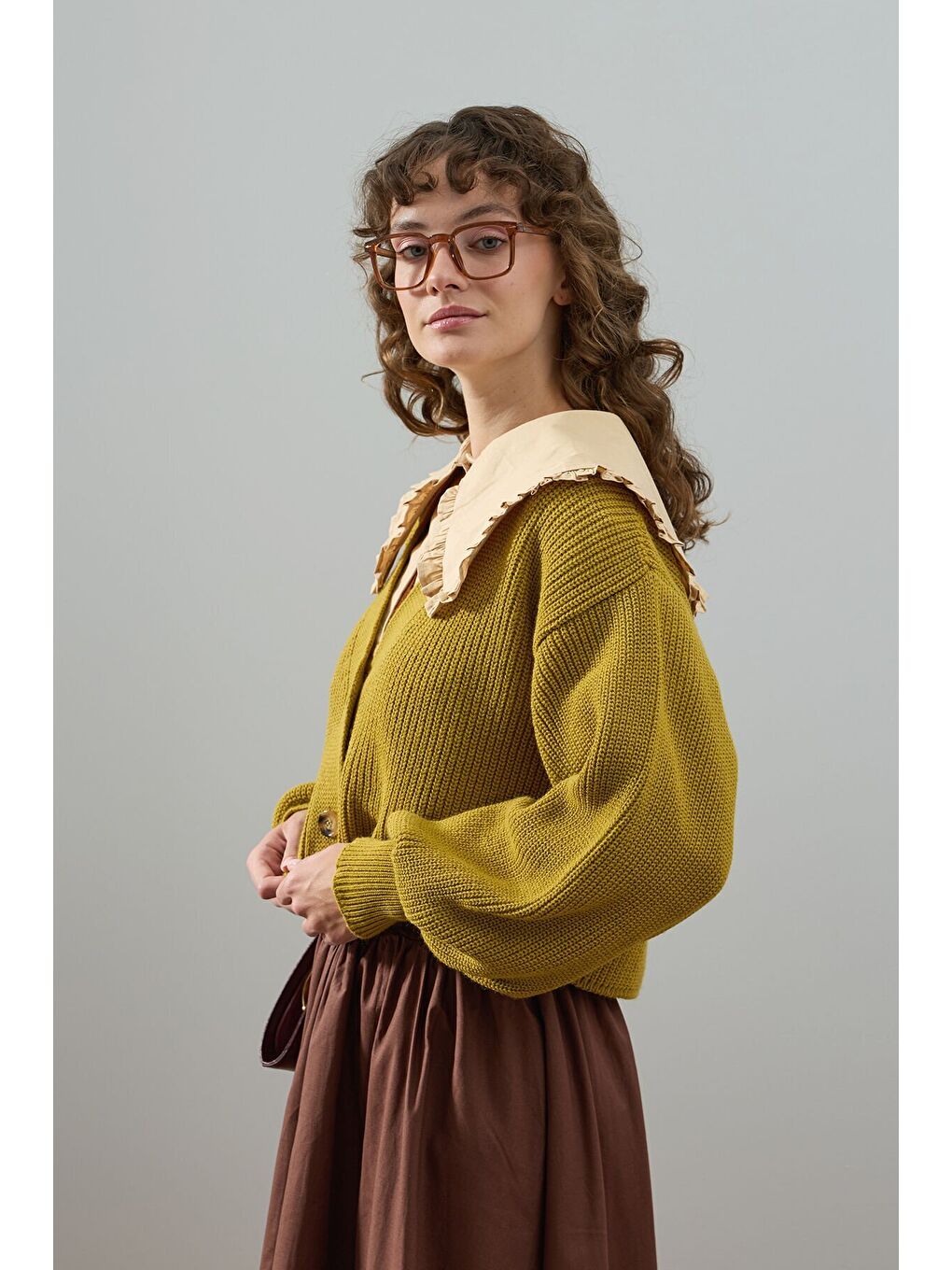 Yağ Yeşili Balon Kol Triko Hırka-1